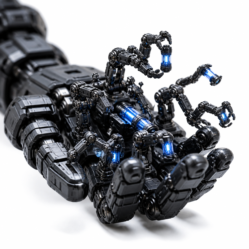 Claw-hand detail with micro worker agents tending blue-lit joints